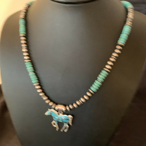 Navajo Horse Inlay Pendant | Blue Turquoise & Opal | Sterling Silver | Authentic Native American Handmade | 11469