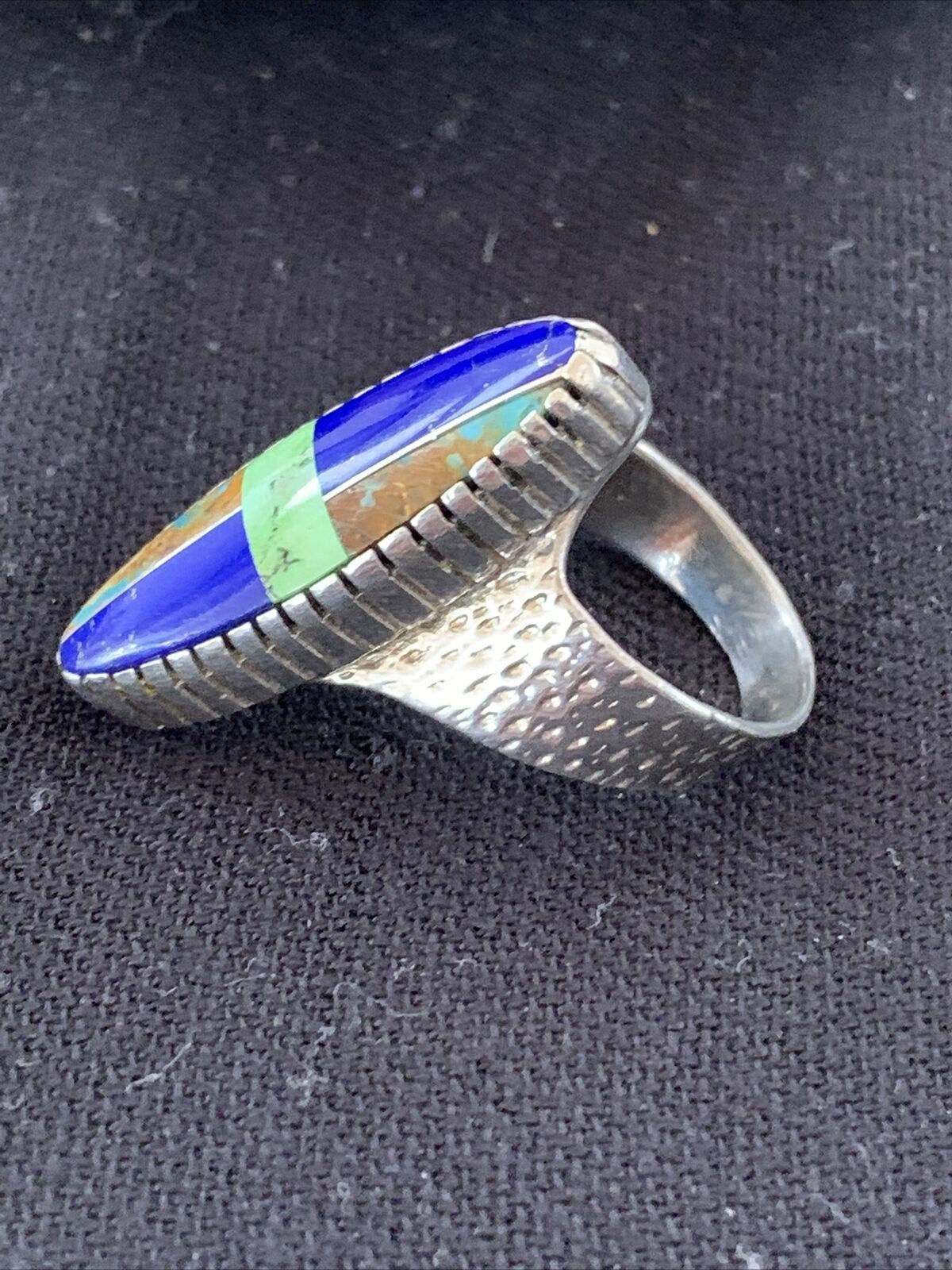 Native American Multi-Color Lapis Turquoise Inlay Ring | Sterling Silver | Sz 7 | 01469