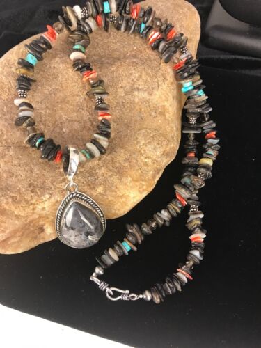 Navajo Turquoise Spiny Oyster Abalone Pendant Necklace | Sterling Silver | Authentic Native American Handmade | 11886