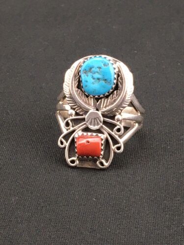 Navajo Southwestern Blue Turquoise & Coral Ring | Authentic Native American Sterling Silver | Multi-Stone | Sz 9.5 | 4857