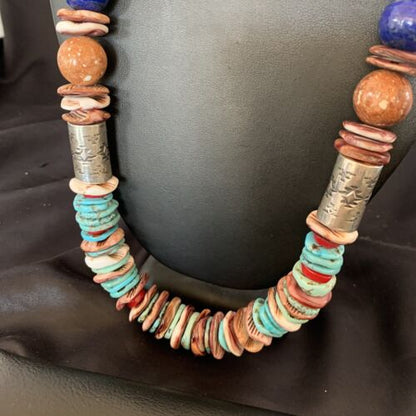Native American Sterling Silver Necklace | Turquoise, Spiny Oyster, Coral, Lapis | 24" | 11869