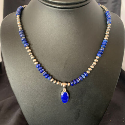 Native American Navajo Blue Lapis Pendant Necklace | Sterling Silver | Authentic Handmade | 11667 - Masha USA