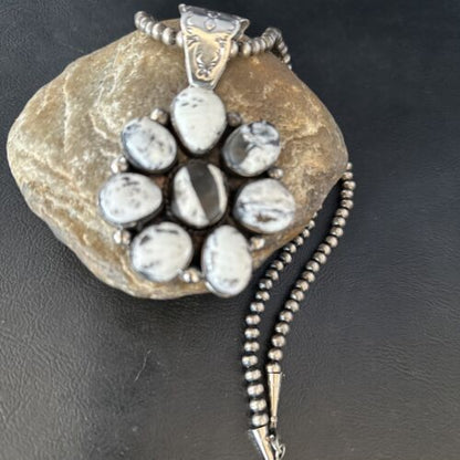 Navajo White Buffalo Turquoise Cluster Pendant | Authentic Native American Sterling Silver | Multi-Stone | 14676 - Masha USA