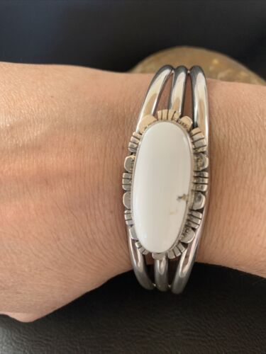 Navajo White Buffalo Turquoise Cuff Bracelet | Sterling Silver | Authentic Native American Handmade | 1422