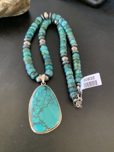 Navajo Pearls Spiderweb Beads Turquoise Necklace Pendant | Sterling Silver | Authentic Native American Handmade | 832