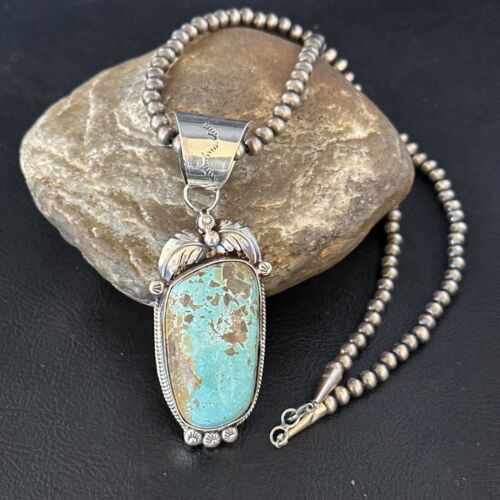 Navajo Pearls Sterling Silver Necklace with Blue Turquoise #8 Pendant | Authentic Native American Handmade | 14809