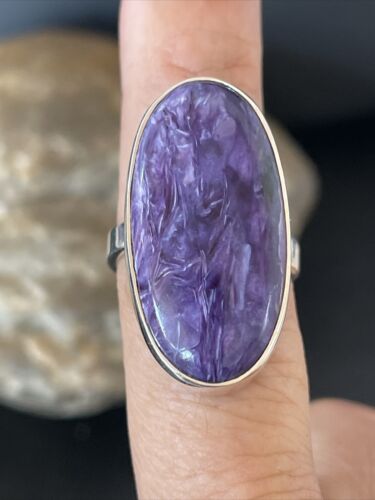 Navajo Purple Charoite Oval Ring | Sterling Silver | Sz 8 Adjustable | Authentic Native American Handmade | 10570