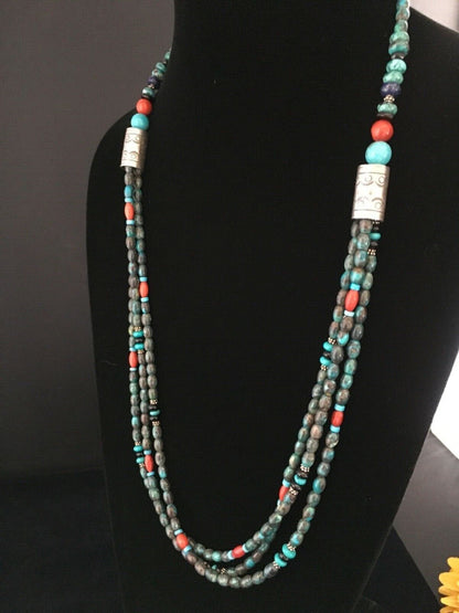 Navajo Blue Spiderweb Turquoise Coral Necklace | Sterling Silver | 3-Strand 29" | 1722