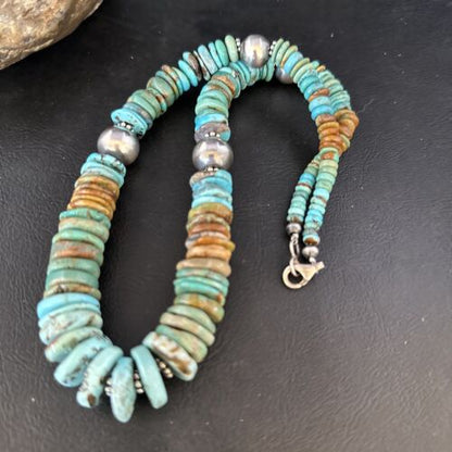Navajo Blue Green Turquoise Bead Necklace | Sterling Silver | Graduated | Authentic Native American | 20" | 14240