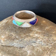 Navajo Multi-Color Turquoise Lapis Coral Mother of Pearl Inlay Ring | Sterling Silver | Sz 5.5 | 12399