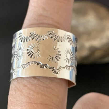 Navajo Stamped Wide Band Ring | Sterling Silver | Sz 11.5 | Authentic Native American Handmade | 10963 - Masha USA