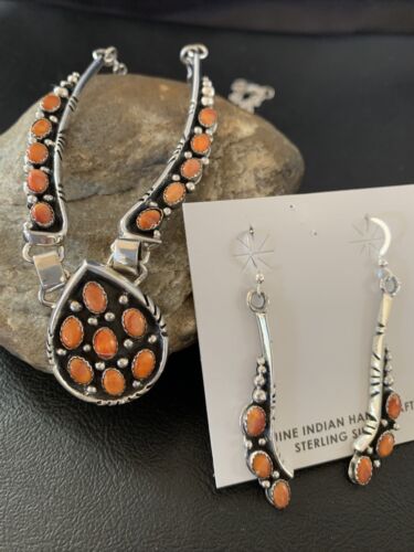 Native Navajo erica Red Spiny Oyster Sterling Silver Necklace Earrings 2111