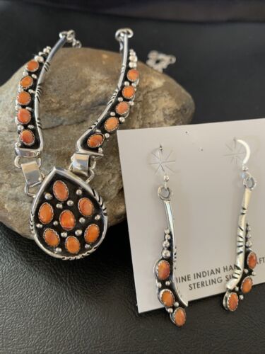 Navajo Red Spiny Oyster Necklace & Earrings Set | Sterling Silver | Native American Handmade | 2111