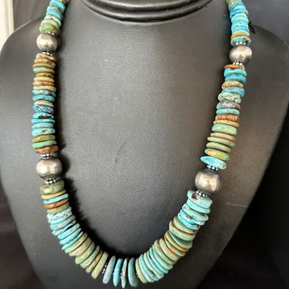 Navajo Blue Green Turquoise Bead Necklace | Sterling Silver | Authentic Native American | 20" | 14242