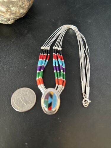Multi-Color Liquid Silver Heishi 5-Strand Necklace | Sterling Silver Pendant | 14823