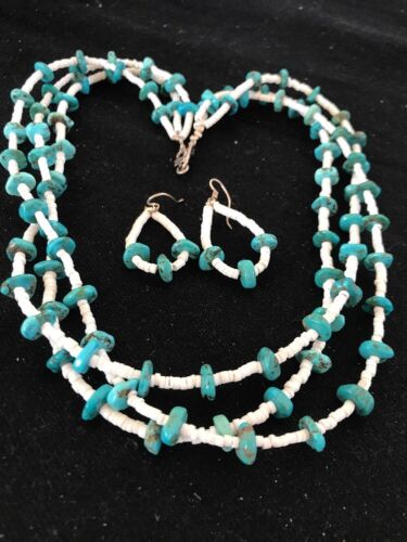 Navajo Sterling Silver 3-Strand Turquoise Necklace with Bone Earrings Set | Authentic Native American Handmade