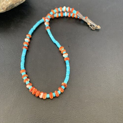 Navajo Sterling Silver Spiny Oyster Turquoise Necklace | 16" | Authentic Native American Handmade | 10692 - Masha USA