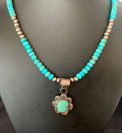 Navajo Blue Turquoise Pendant Necklace | Sterling Silver Pearls | Authentic Native American Handmade | 13219