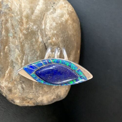 Native American Blue Lapis Opal Inlay Ring | Navajo Sterling Silver | Sz 6 | 12847