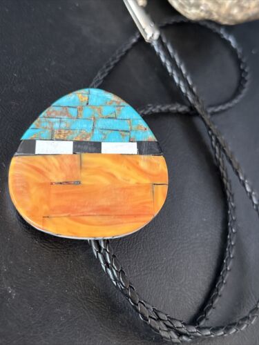 Men's Bolo Tie | Turquoise & Orange Spiny Oyster | Sterling Silver Tips | Authentic Native American Handmade | 14630