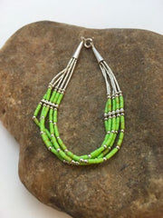 Handmade Liquid Silver Green Gaspeite Heishi Bracelet | Sterling Silver | 5-Strand | 7" | 13606