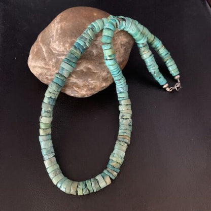 Native American Green Turquoise Heishi Bead Necklace | 12mm | Sterling Silver | Handmade | 22" | 13570 - Masha USA