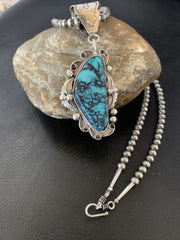 Men's Navajo Blue Spiderweb Turquoise Pendant Necklace | Sterling Silver | Authentic Native American Handmade | 10661