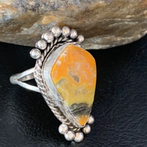 Navajo Yellow Bumble Bee Jasper Ring | Sterling Silver | Sz 9.5 | Authentic Native American Handmade | 13526