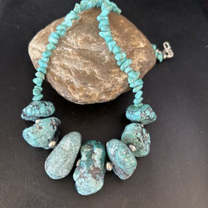 Navajo Chunky Blue Turquoise Nugget Necklace | Sterling Silver | Authentic Native American Handmade | 20" | 14418