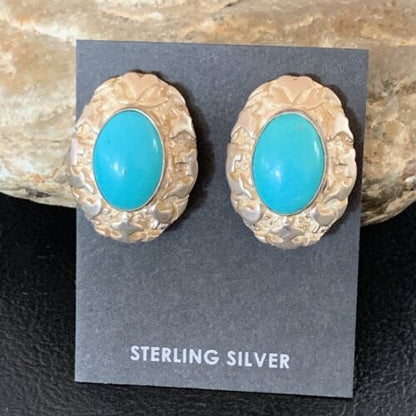 Southwestern Women's Blue Turquoise Nugget Earrings | Sterling Silver | Authentic Native American Handmade | 13012