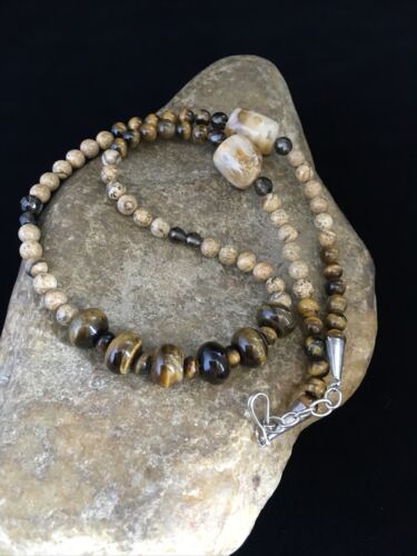 Women's Graduated Tigers Eye & Picture Jasper Necklace | Sterling Silver | Authentic Native American | 21"