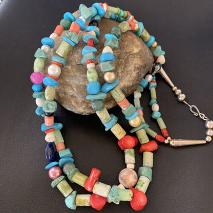Southwestern American Santo Domingo Turquoise Coral Bead Necklace | 28" | Authentic Native American Handmade | 11987