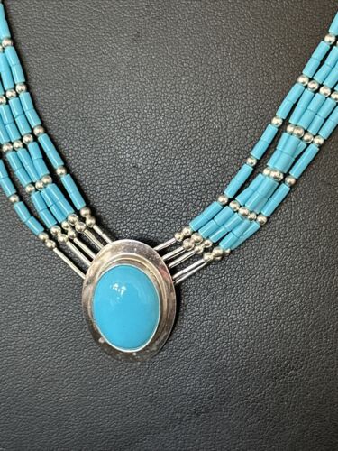 Navajo Liquid Silver Heishi 5-Strand Necklace | Turquoise Pendant | Sterling Silver | 14821