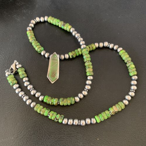 Navajo Green Gaspeite Turquoise Inlay Pendant | Sterling Silver | Authentic Native American Handmade | 13270