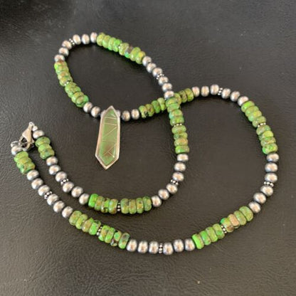 Navajo Green Gaspeite Turquoise Inlay Pendant | Sterling Silver | Authentic Native American Handmade | 13270