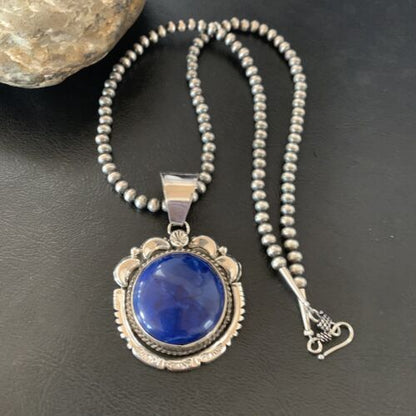 Native American Navajo Blue Lapis Pendant Necklace | Sterling Silver | Authentic Handmade | 11677 - Masha USA