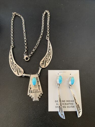 Native American Hopi Blue Kingman Turquoise Necklace & Earrings Set | Sterling Silver | 2101
