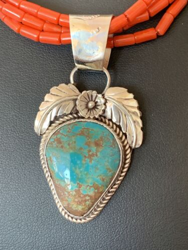 Navajo Sterling Silver Turquoise Pendant with Coral Bead Necklace | Multi-Strand | Authentic Native American Handmade | 00370