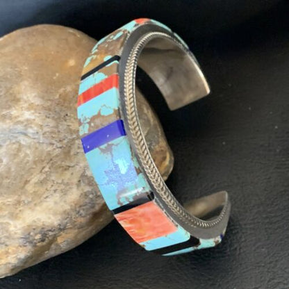 Men's Navajo Turquoise Spiny Lapis Inlay Bracelet | Sterling Silver | Authentic Native American Handmade | 12236