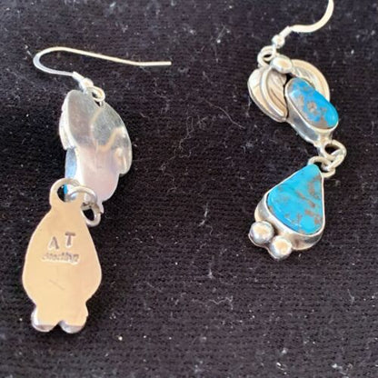 Navajo Kingman Turquoise Dangle Earrings | Sterling Silver | Authentic Native American Handmade | 01219