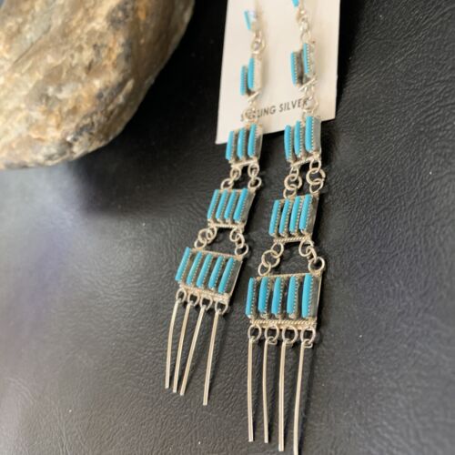 Zuni Handmade Kingman Turquoise Needle Point Dangle Earrings | Sterling Silver | 12123