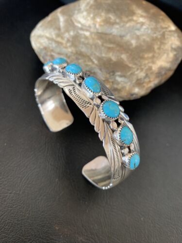 Navajo Kingman Turquoise Cuff Bracelet | Sterling Silver | 7 Stone | Authentic Native American Handmade | 12314
