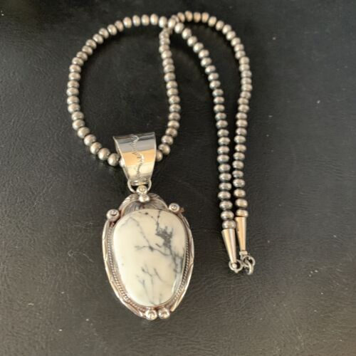 White Buffalo Turquoise Pendant Necklace | Sterling Silver | Navajo | Authentic Native American Handmade | 13992 - Masha USA