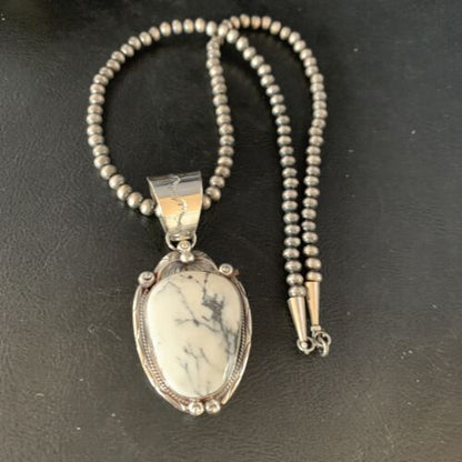 White Buffalo Turquoise Pendant Necklace | Sterling Silver | Navajo | Authentic Native American Handmade | 13992 - Masha USA
