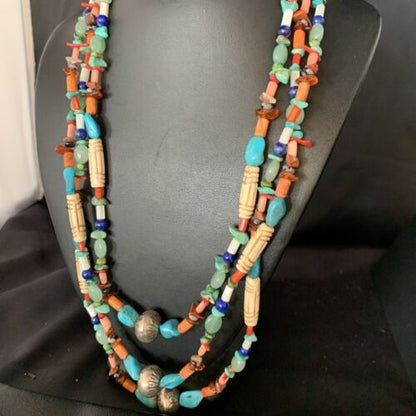 Native American Santo Domingo Spiny Blue Turquoise Necklace | 3-Strand Shell | 10397 - Masha USA