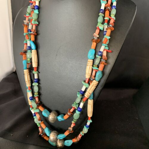 Native American Santo Domingo Spiny Blue Turquoise Necklace | 3-Strand Shell | 10397