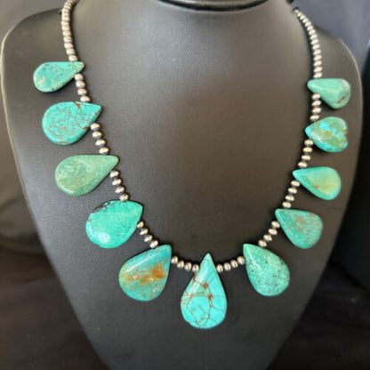 Navajo Teardrop Blue Turquoise Necklace | Sterling Silver Pearls | Authentic Native American Handmade | 14389