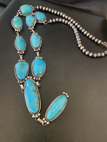 Navajo Kingman Turquoise Lariat Necklace | Sterling Silver | Authentic Native American Handmade | 11571