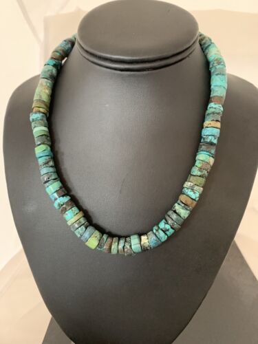 Rustic Turquoise Heishi Bead Necklace | 11mm | Navajo Sterling Silver | Authentic Native American Handmade | 17" | 639