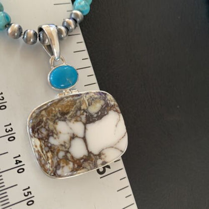 Navajo Pearl Blue Turquoise, Wild Horse & Multi-Stone Pendant Necklace | Authentic Native American Sterling Silver | 11862